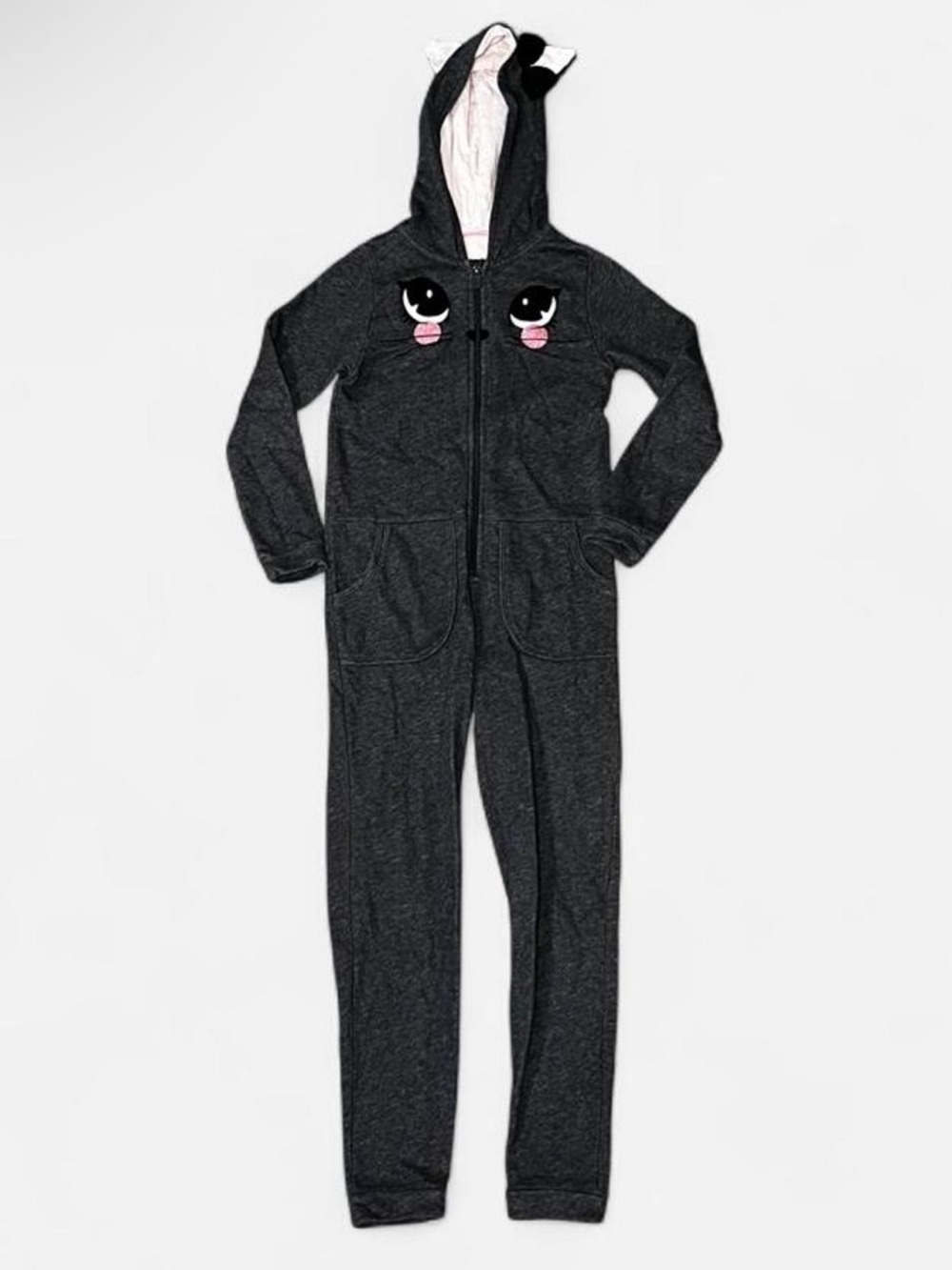 H&M Charcoal Hooded Kids One-Piece with Cute Embroidered Face and Ears